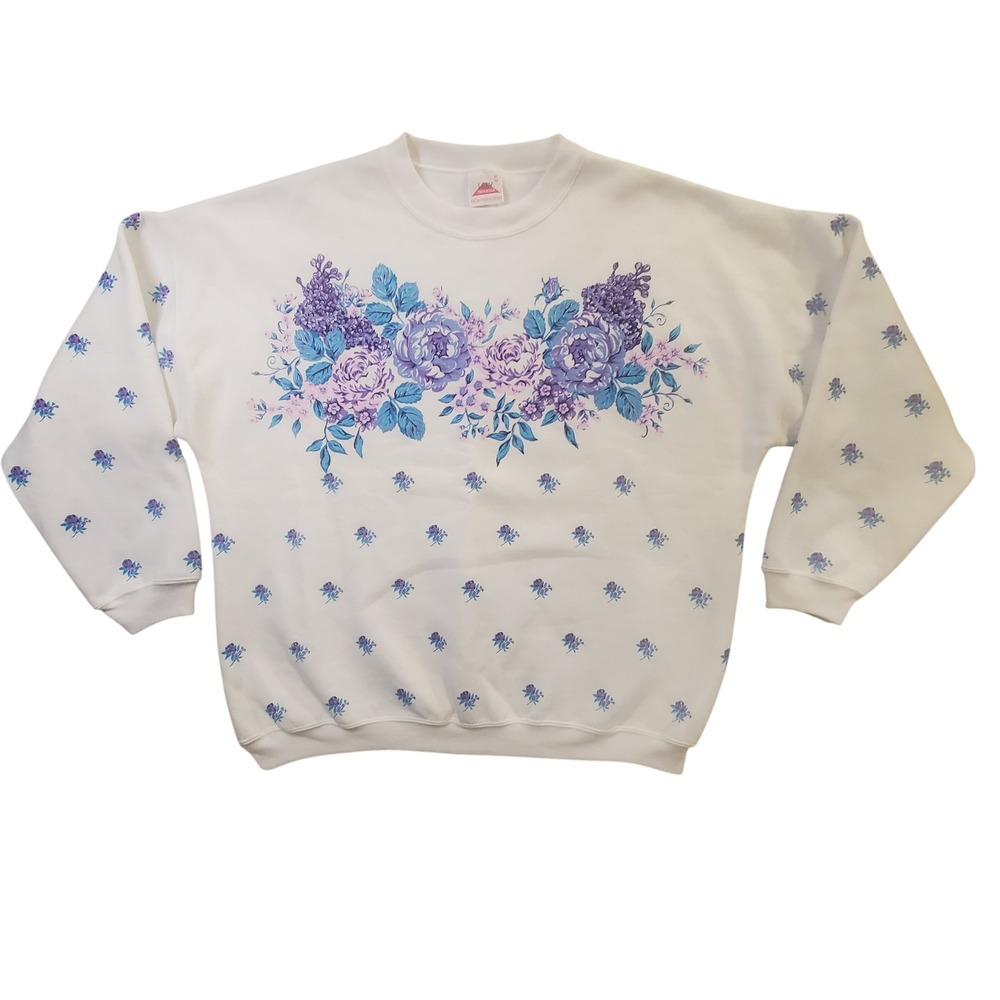 Vintage Lady Foot Locker Floral Sweatshirt White Purple Roses Made in Canada M